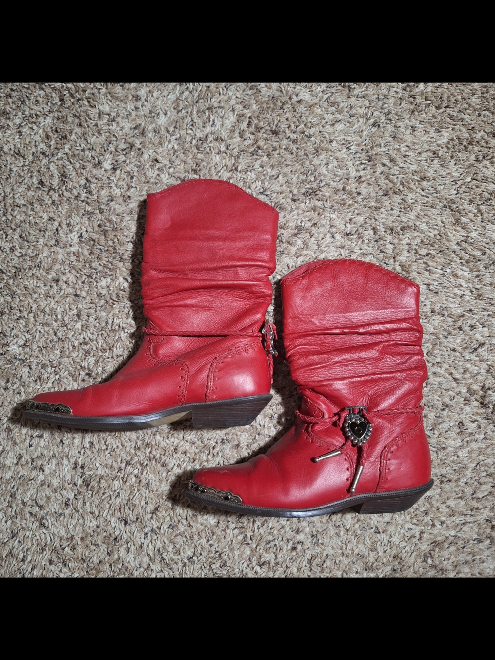 Vintage Zodiac Brace Red Leather Slouch Western Boots Metal Toe Charm 6.5M